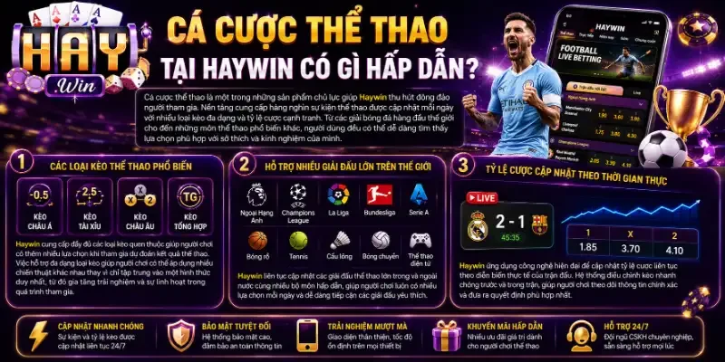 Khám Phá Haywin – Hệ Sinh Thái Cá Cược Và Giải Trí Trực Tuyến Đa Dạng Nhất 2026 Cá cược thể thao tại Haywin có gì hấp dẫn?